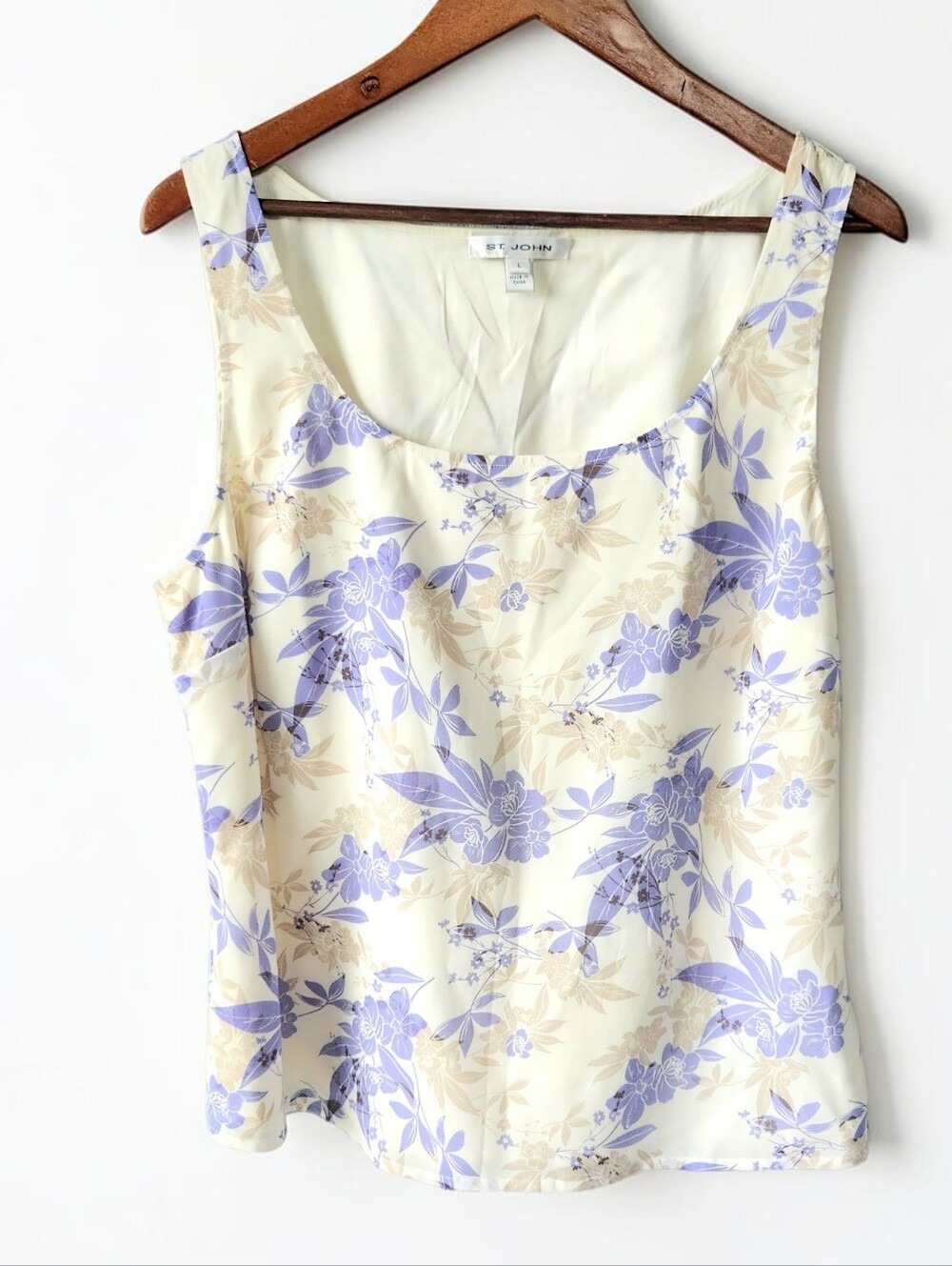 St John Silk Floral Sleeveless Top Tank L Cream Purple Boxy Feminine Scoop Neck